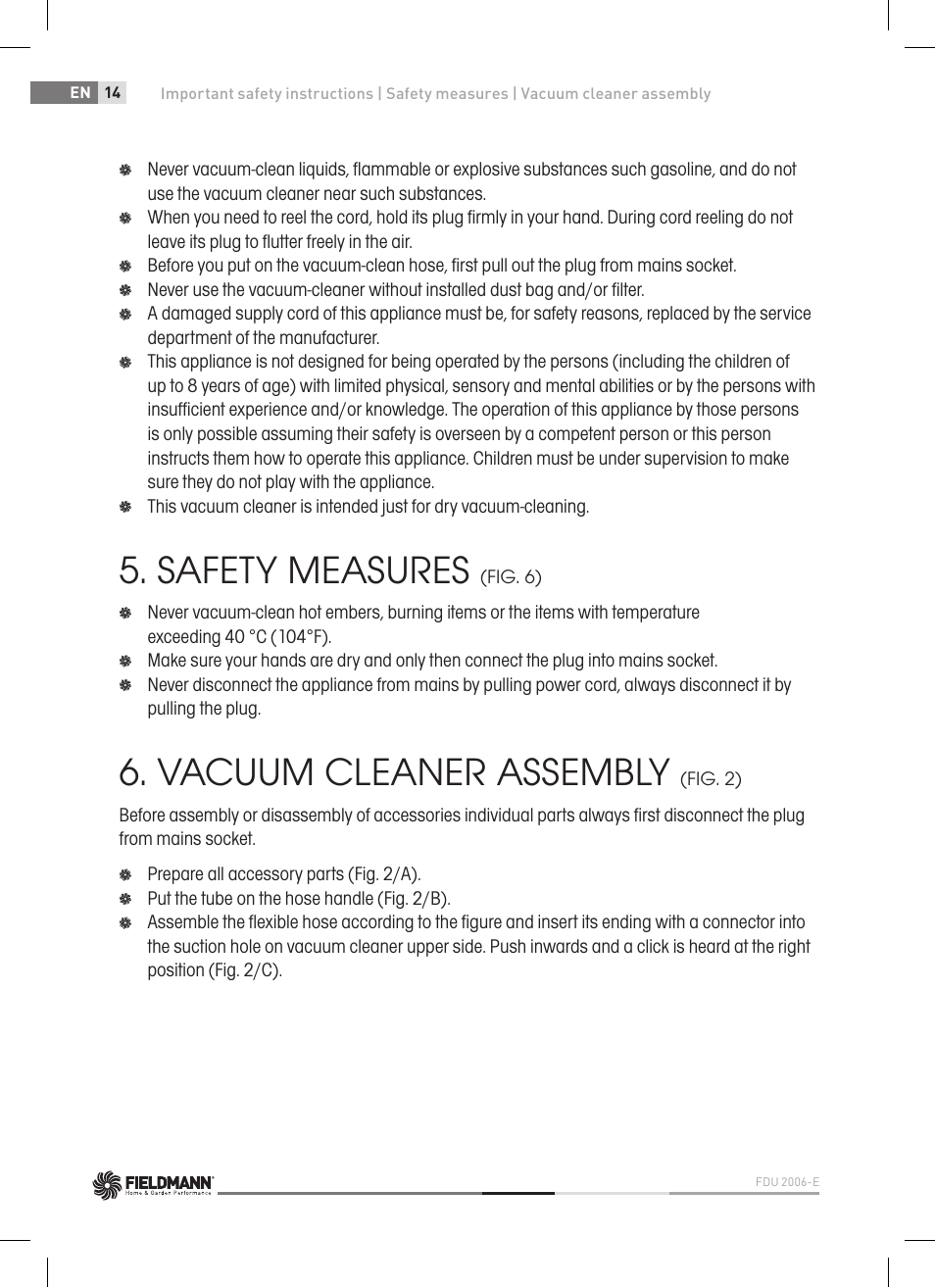 Safety measures, Vacuum cleaner assembly, Operating instructions | Fieldmann FDU 2006-E User Manual | Page 14 / 148