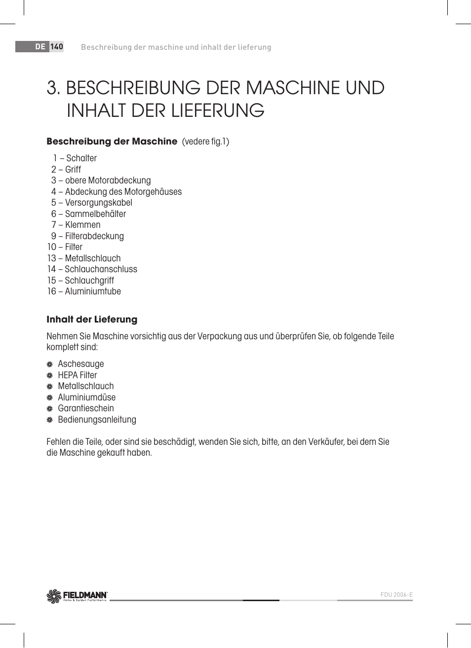 Beschreibung der maschine und inhalt der lieferung | Fieldmann FDU 2006-E User Manual | Page 140 / 148