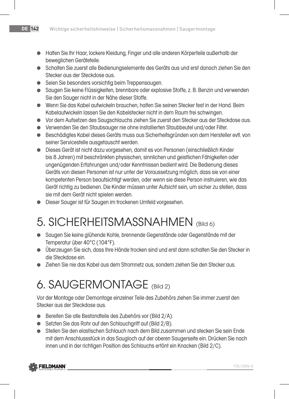 Sicherheitsmassnahmen, Saugermontage | Fieldmann FDU 2006-E User Manual | Page 142 / 148