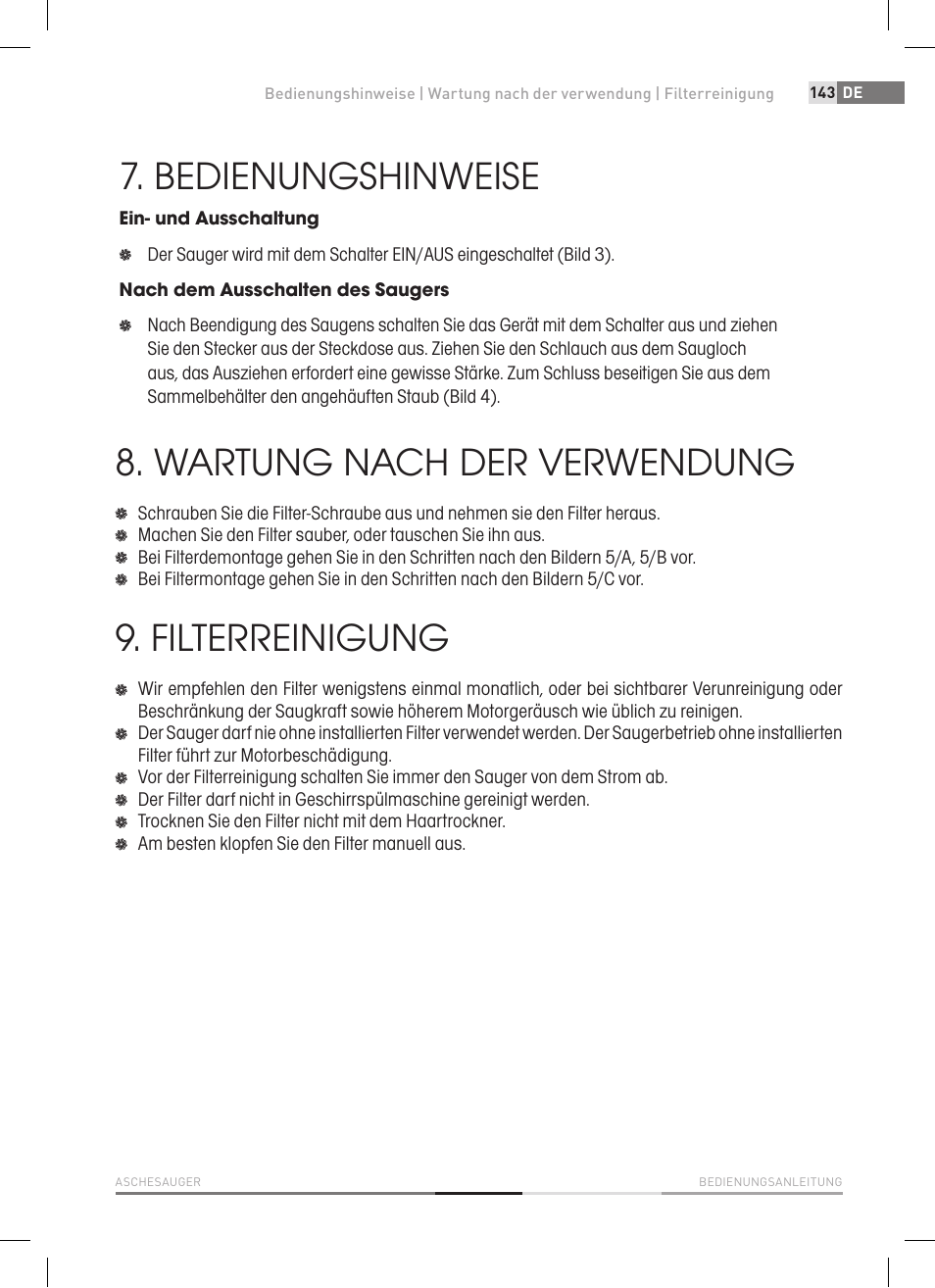 Bedienungshinweise, Wartung nach der verwendung, Filterreinigung | Fieldmann FDU 2006-E User Manual | Page 143 / 148
