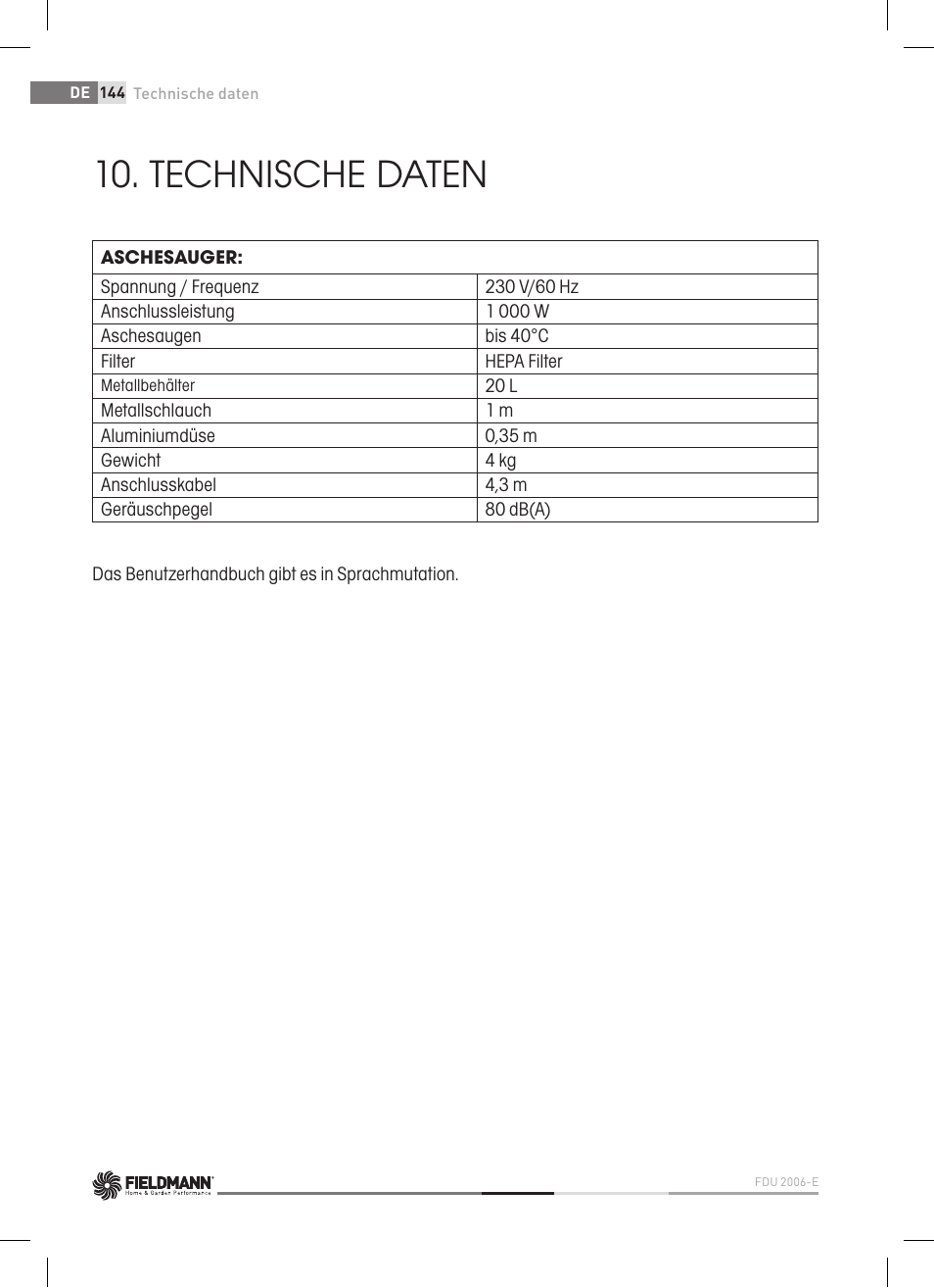 Technische daten | Fieldmann FDU 2006-E User Manual | Page 144 / 148