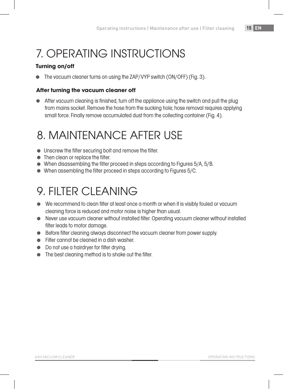 Safety measures, Vacuum cleaner assembly, Operating instructions | Maintenance after use, Filter cleaning, Technical specifications | Fieldmann FDU 2006-E User Manual | Page 15 / 148