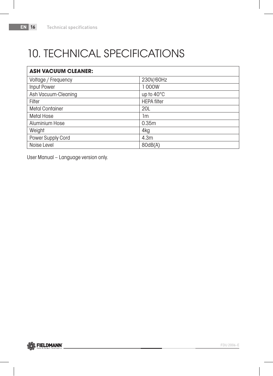 Disposal, Technical specifications | Fieldmann FDU 2006-E User Manual | Page 16 / 148