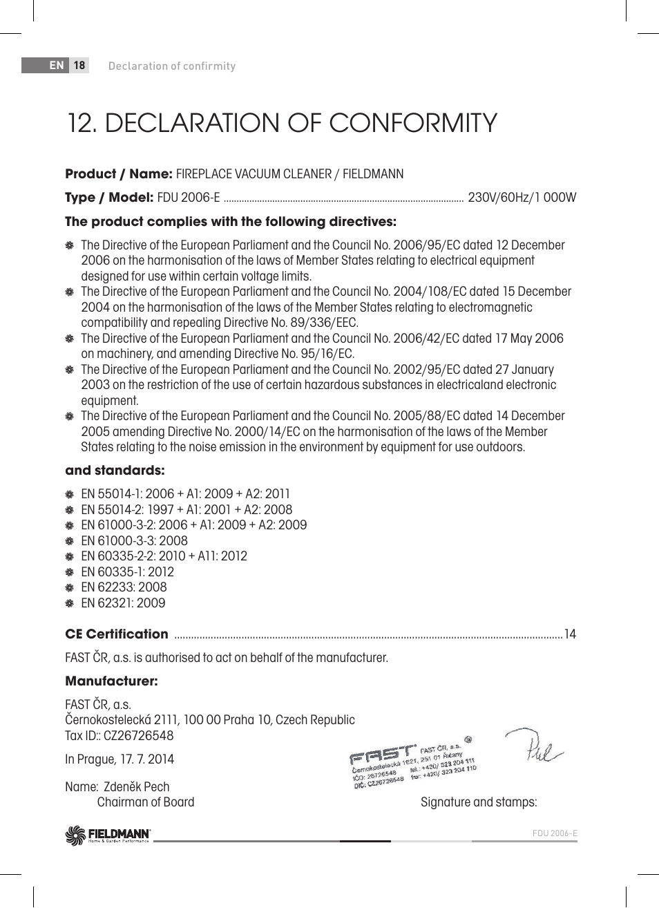 Declaration of conformity | Fieldmann FDU 2006-E User Manual | Page 18 / 148