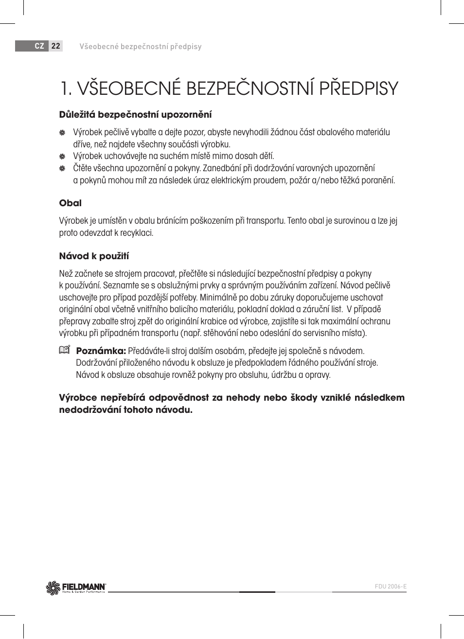 Všeobecné bezpečnostní předpisy | Fieldmann FDU 2006-E User Manual | Page 22 / 148