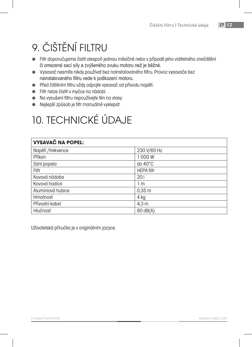 Čištění filtru, Technické údaje | Fieldmann FDU 2006-E User Manual | Page 27 / 148