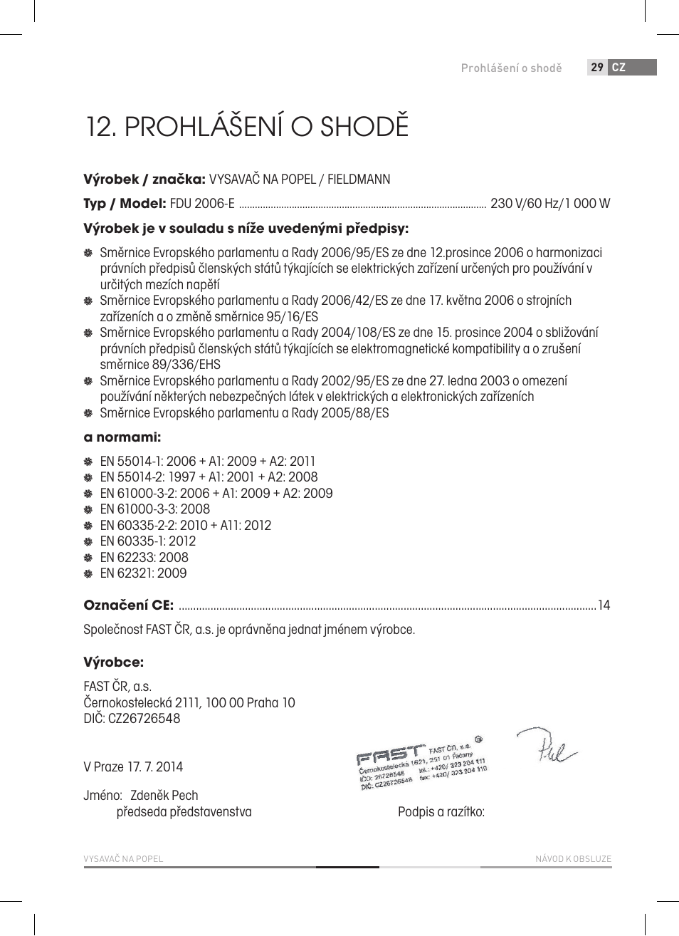Prohlášení o shodě | Fieldmann FDU 2006-E User Manual | Page 29 / 148