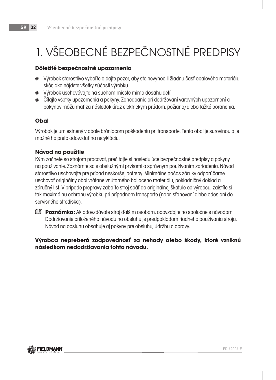 Všeobecné bezpečnostné predpisy | Fieldmann FDU 2006-E User Manual | Page 32 / 148