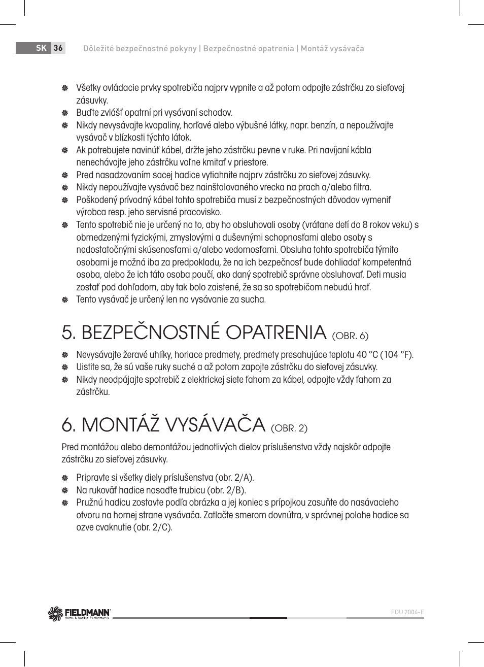 Bezpečnostné opatrenia, Montáž vysávača | Fieldmann FDU 2006-E User Manual | Page 36 / 148