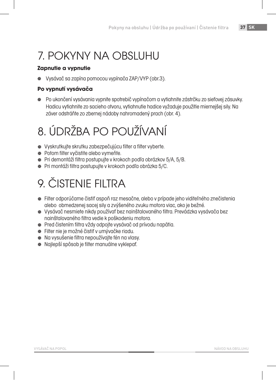 Pokyny na obsluhu, Údržba po používaní, Čistenie filtra | Fieldmann FDU 2006-E User Manual | Page 37 / 148