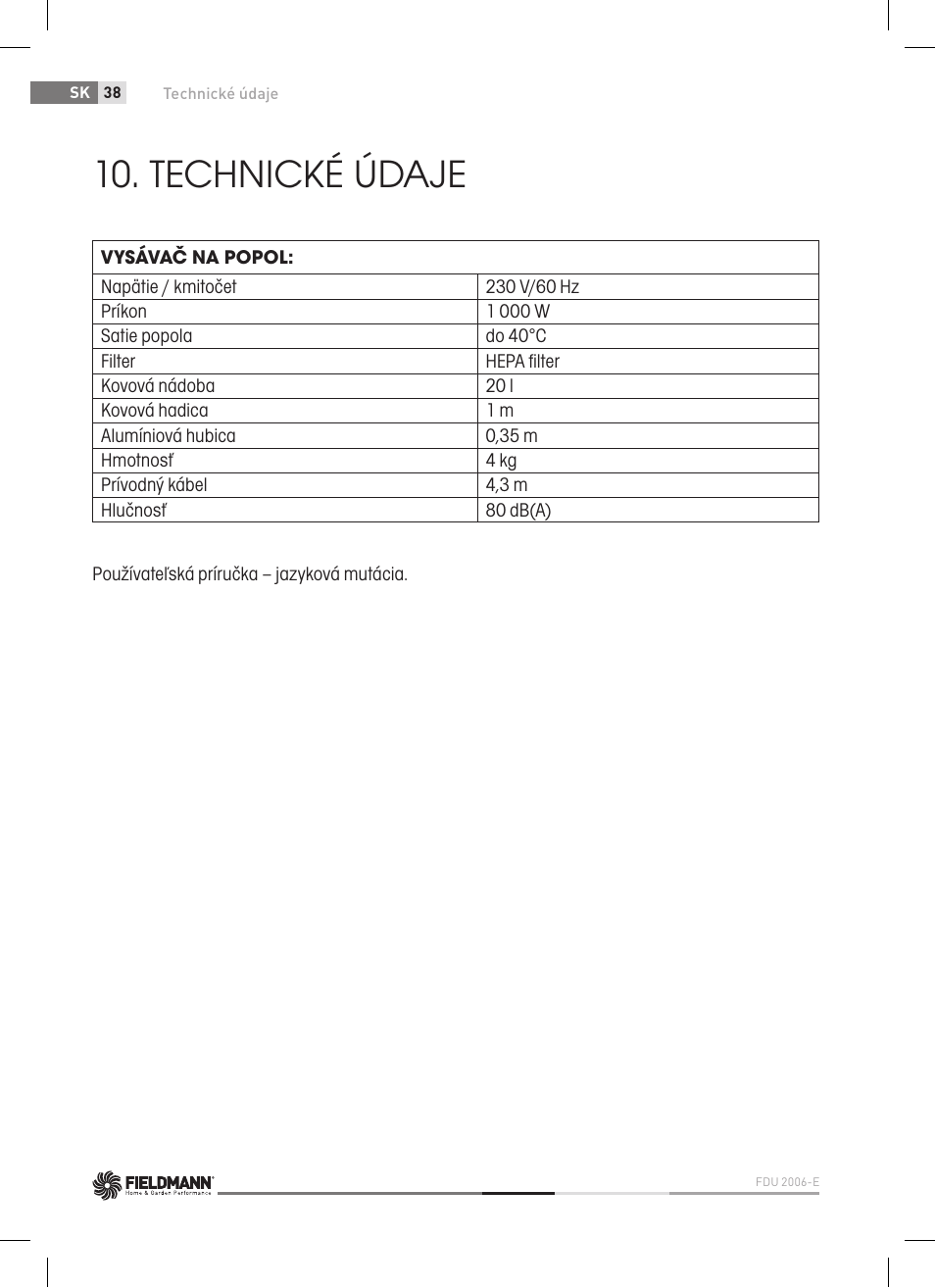 Technické údaje | Fieldmann FDU 2006-E User Manual | Page 38 / 148