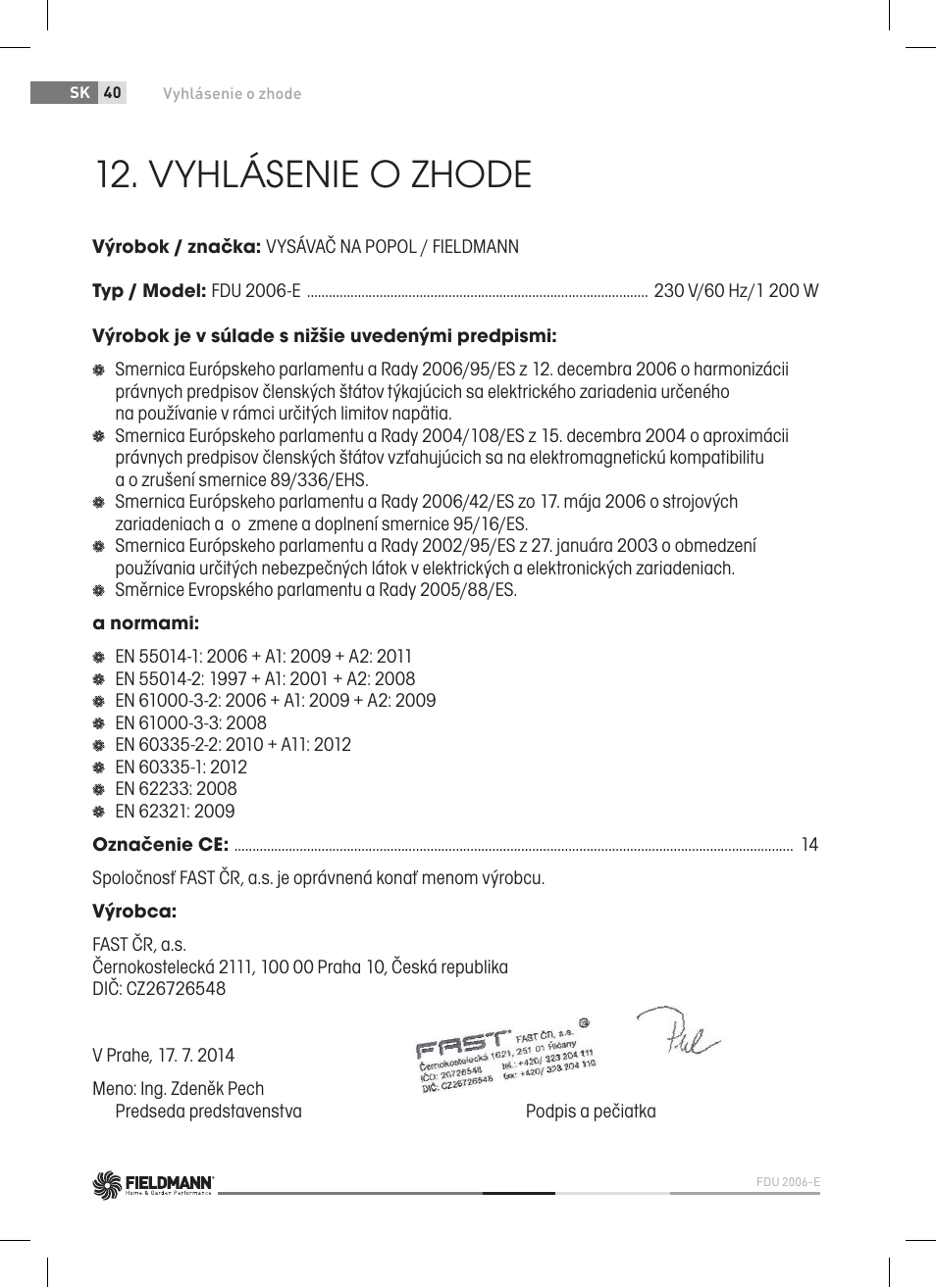 Vyhlásenie o zhode | Fieldmann FDU 2006-E User Manual | Page 40 / 148