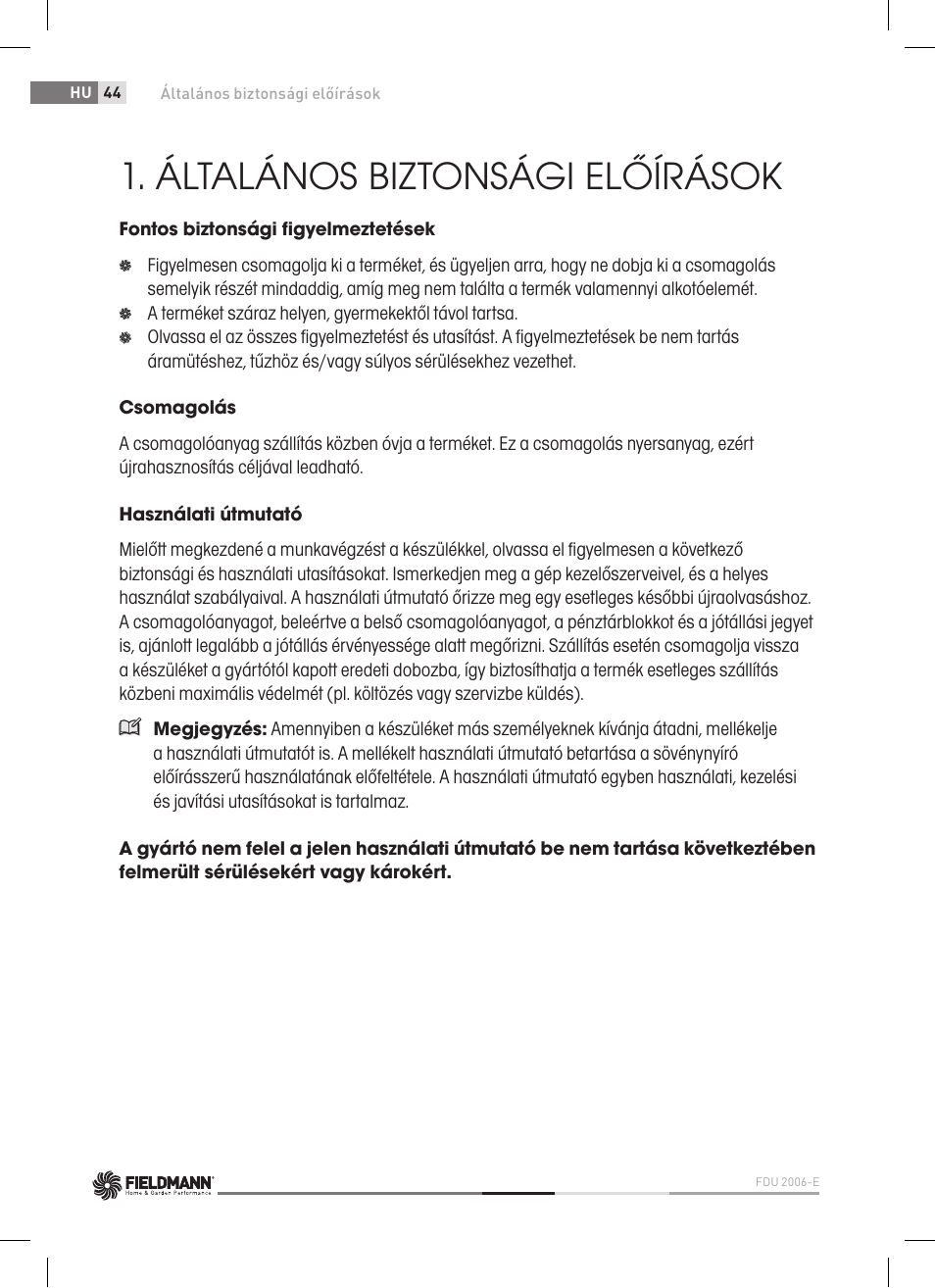 Általános biztonsági előírások | Fieldmann FDU 2006-E User Manual | Page 44 / 148