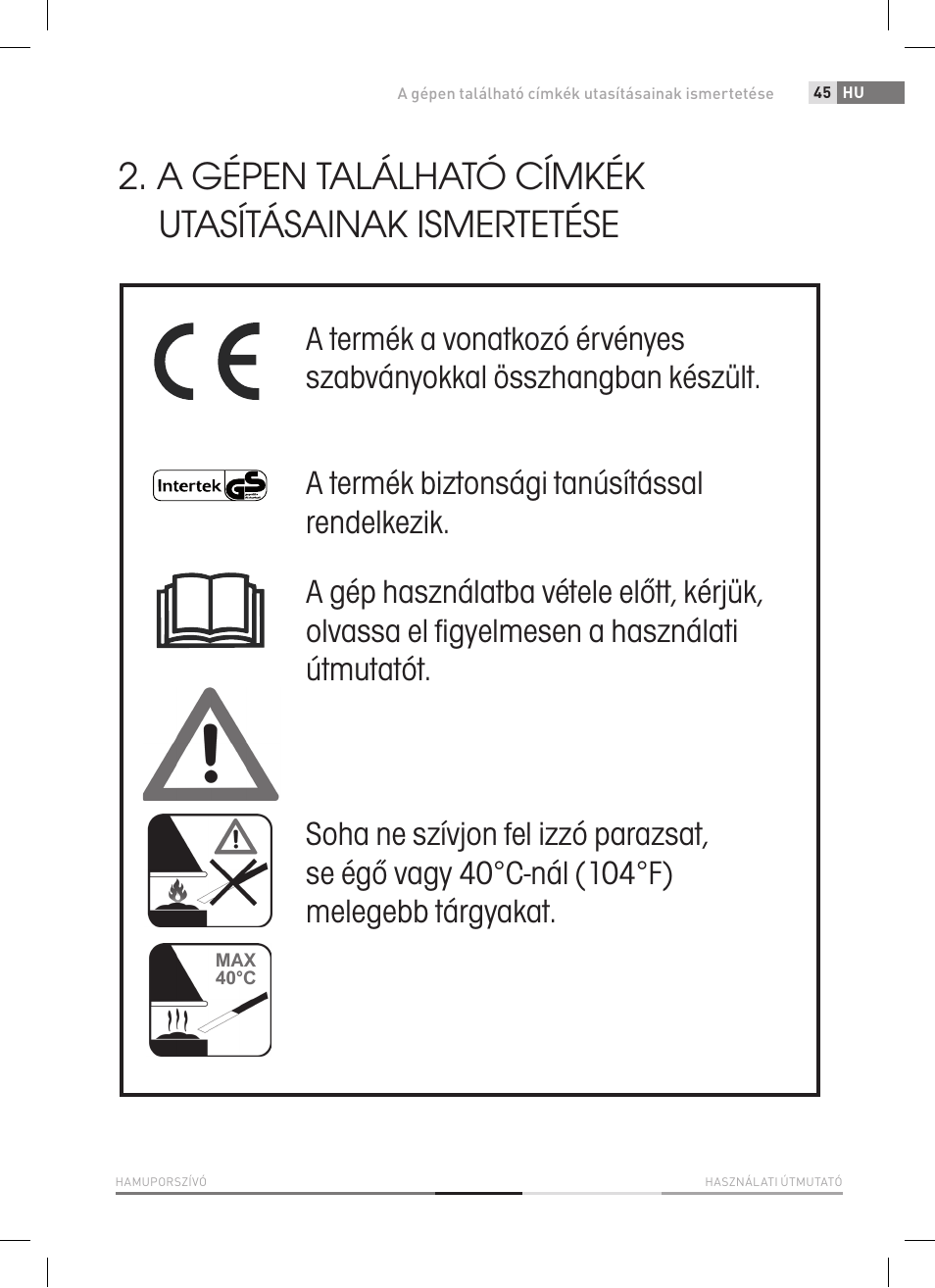 A gépen található címkék utasításainak ismertetése | Fieldmann FDU 2006-E User Manual | Page 45 / 148