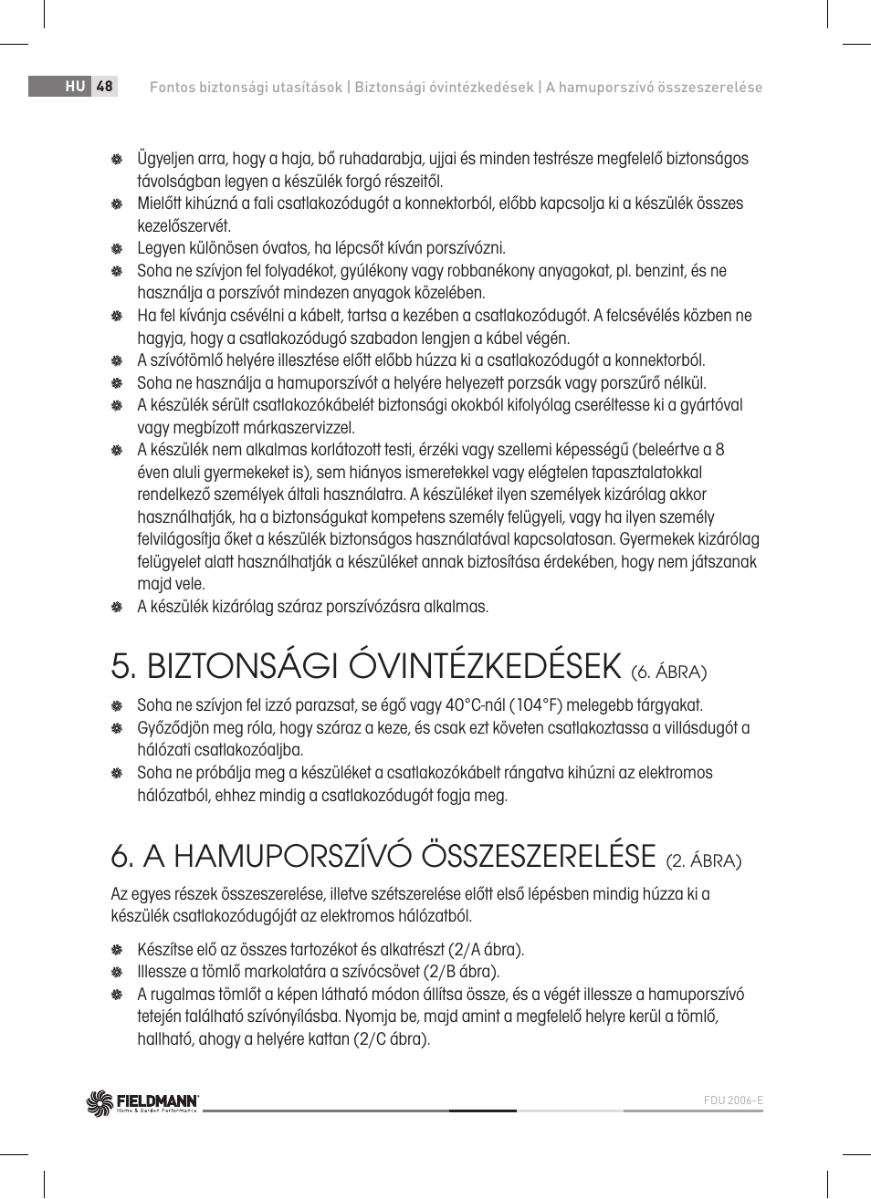 Biztonsági óvintézkedések, A hamuporszívó összeszerelése | Fieldmann FDU 2006-E User Manual | Page 48 / 148