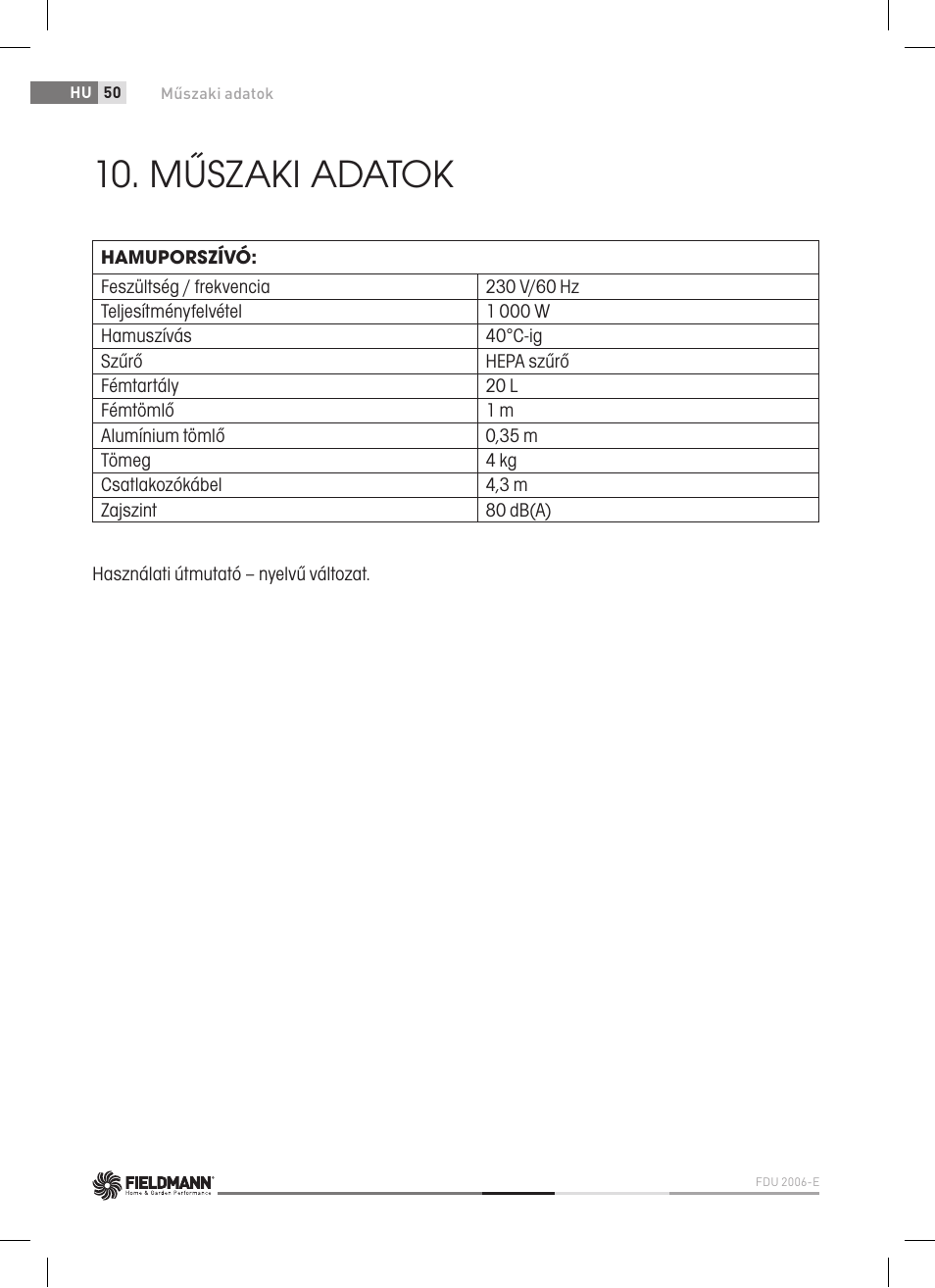 Műszaki adatok | Fieldmann FDU 2006-E User Manual | Page 50 / 148