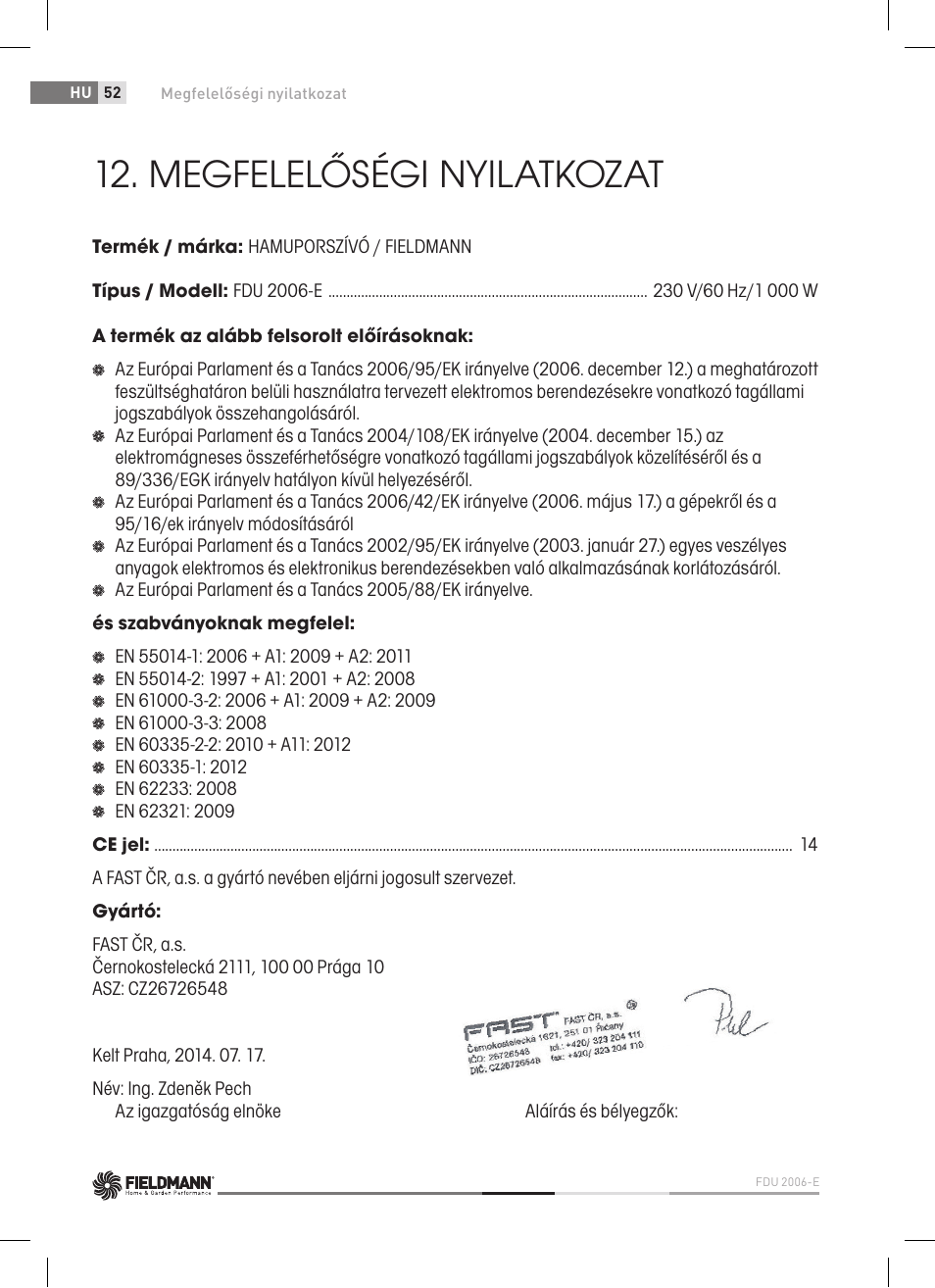 Megfelelőségi nyilatkozat | Fieldmann FDU 2006-E User Manual | Page 52 / 148