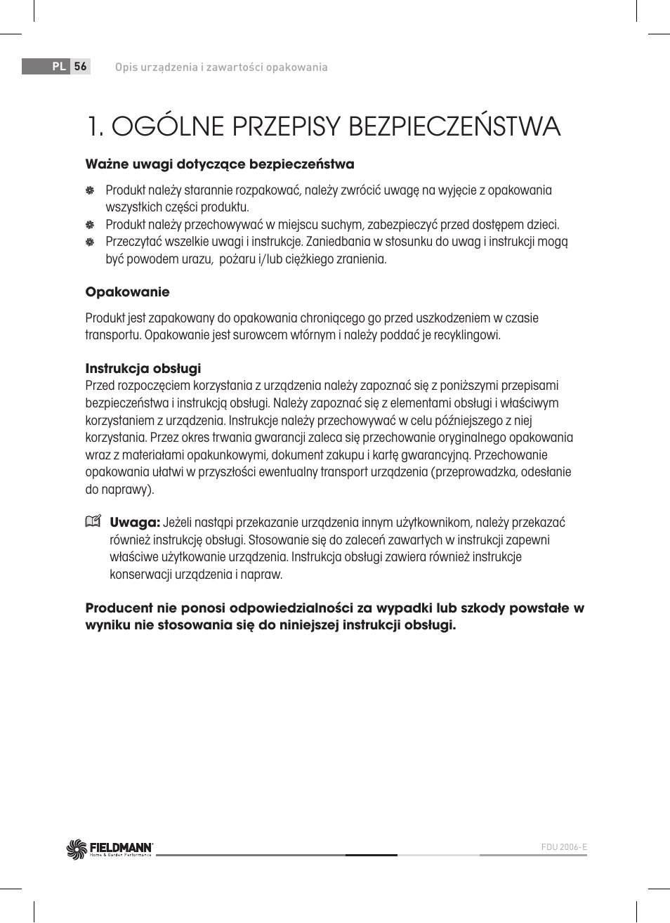 Ogólne przepisy bezpieczeństwa | Fieldmann FDU 2006-E User Manual | Page 56 / 148