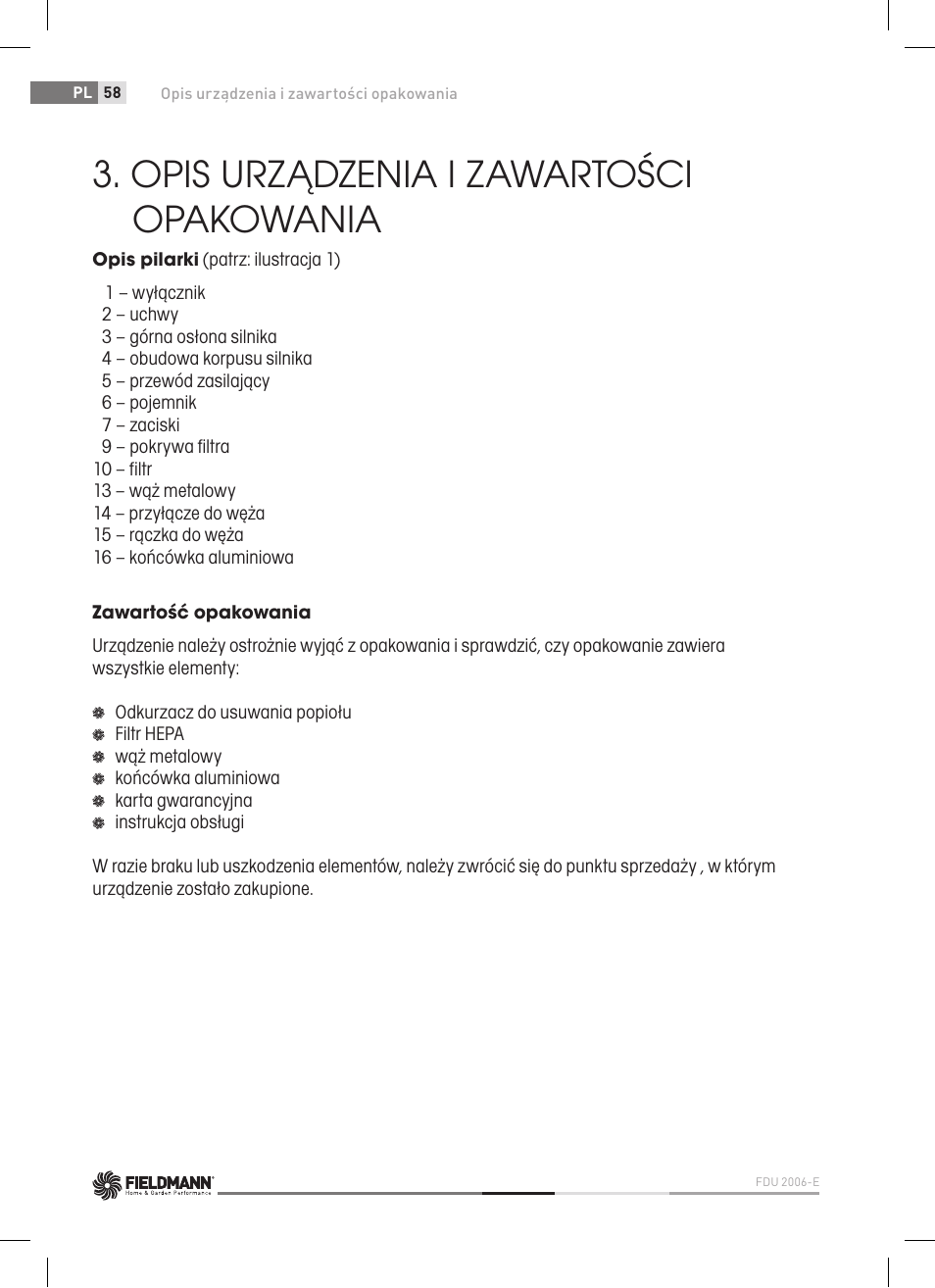 Opis urządzenia i zawartości opakowania | Fieldmann FDU 2006-E User Manual | Page 58 / 148