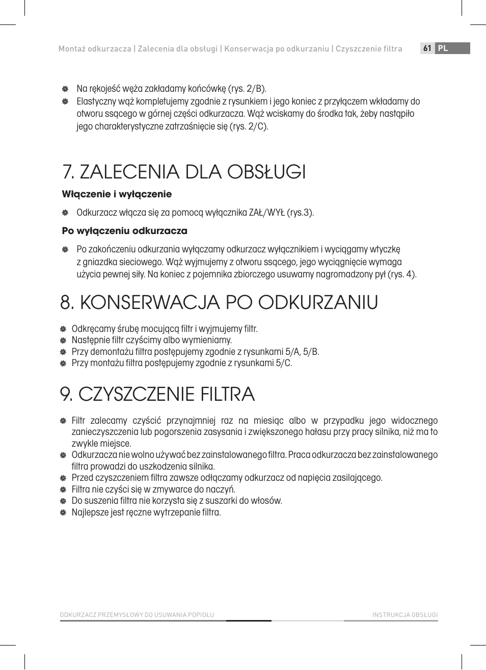 Zalecenia dla obsługi, Konserwacja po odkurzaniu, Czyszczenie filtra | Fieldmann FDU 2006-E User Manual | Page 61 / 148