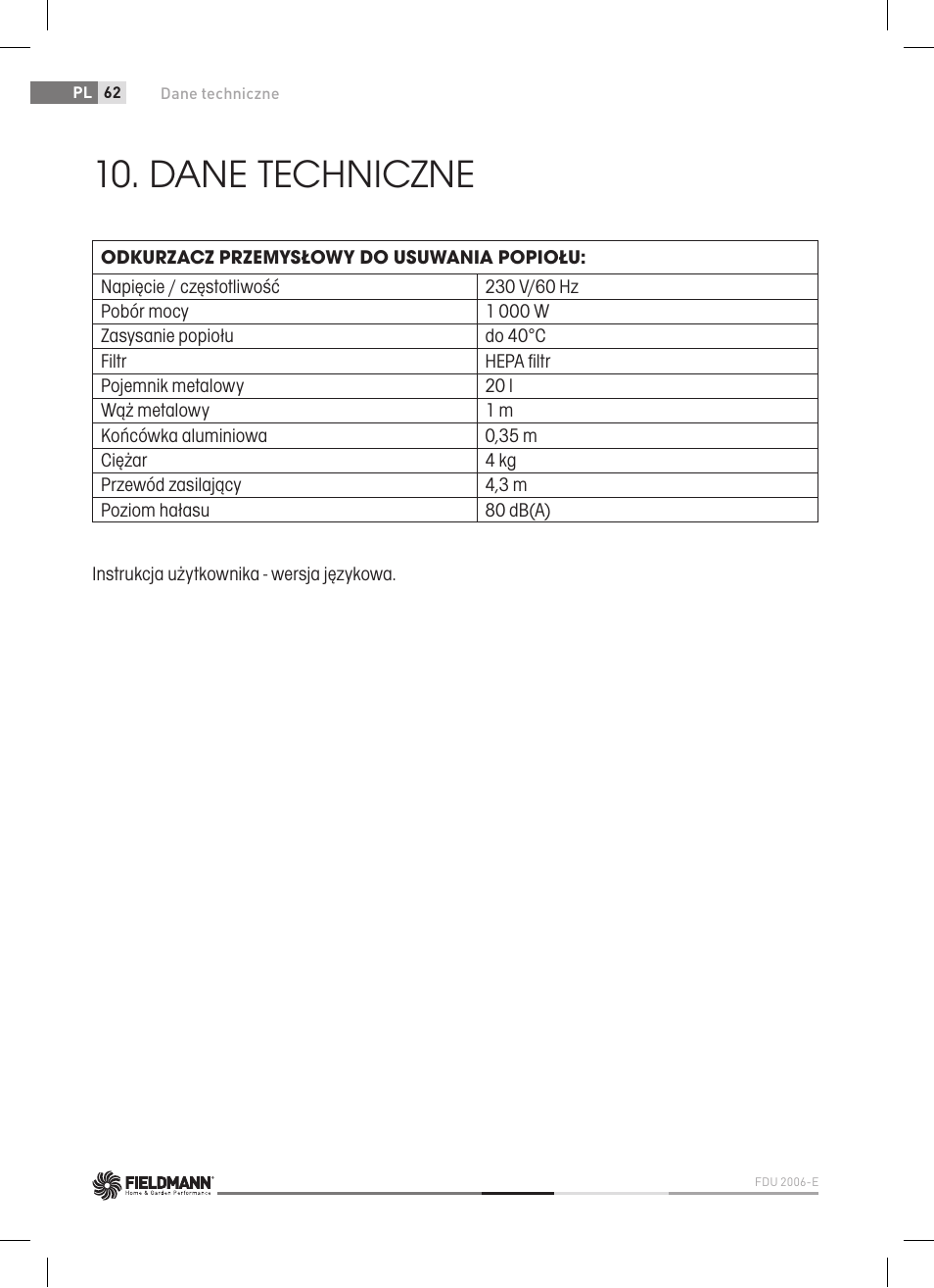 Dane techniczne | Fieldmann FDU 2006-E User Manual | Page 62 / 148