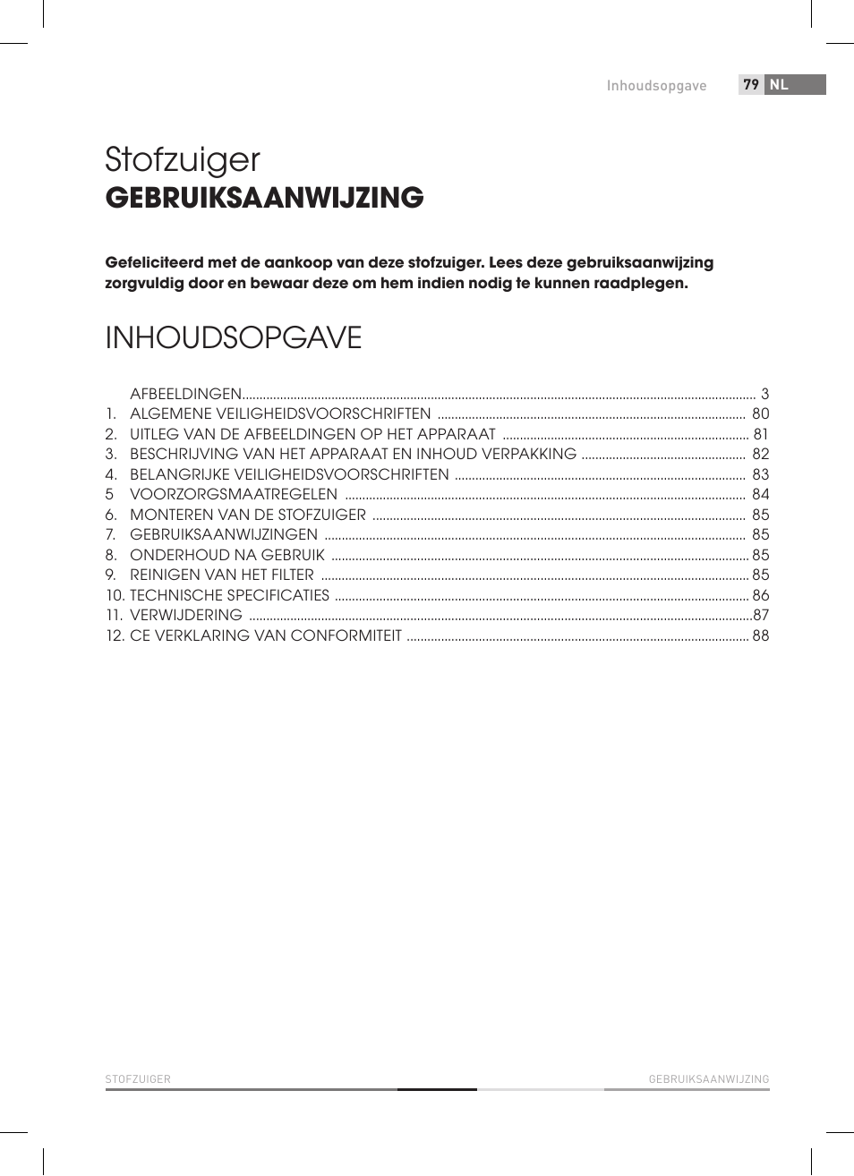 Stofzuiger, Inhoudsopgave, Gebruiksaanwijzing | Fieldmann FDU 2006-E User Manual | Page 79 / 148