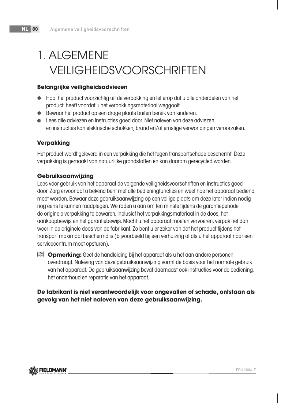 Algemene veiligheidsvoorschriften | Fieldmann FDU 2006-E User Manual | Page 80 / 148