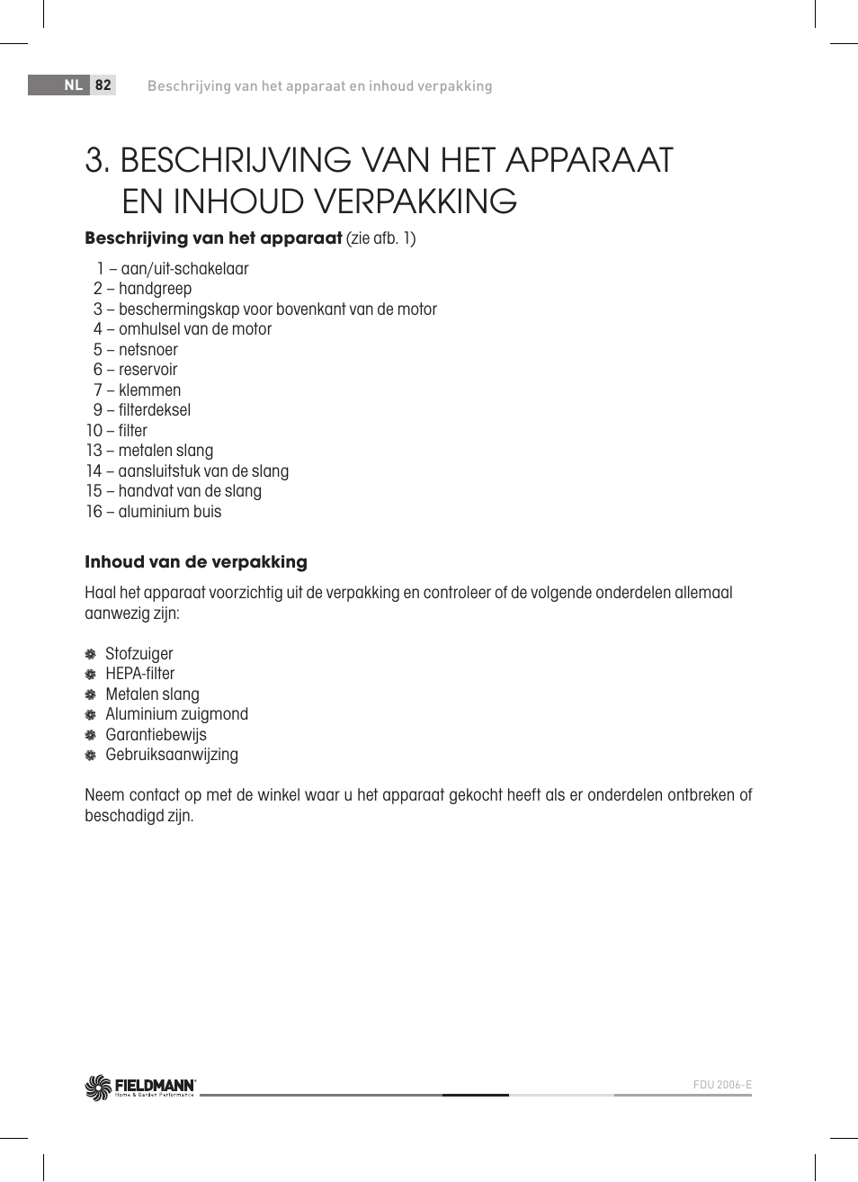 Beschrijving van het apparaat en inhoud verpakking | Fieldmann FDU 2006-E User Manual | Page 82 / 148