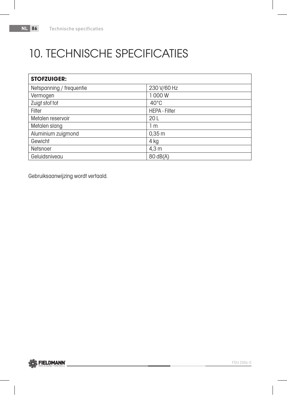 Technische specificaties | Fieldmann FDU 2006-E User Manual | Page 86 / 148