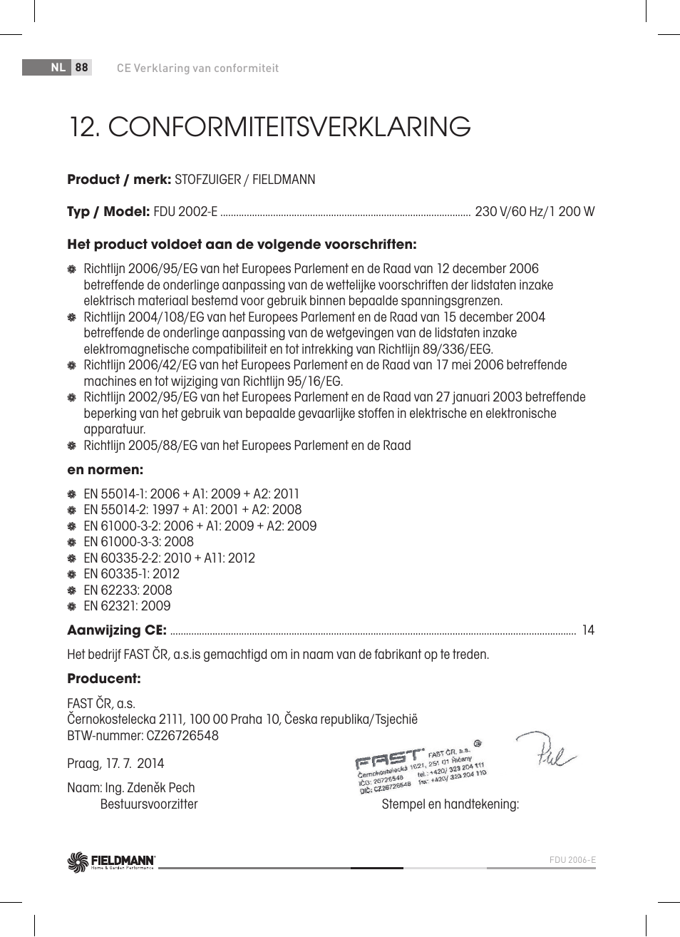 Conformiteitsverklaring | Fieldmann FDU 2006-E User Manual | Page 88 / 148