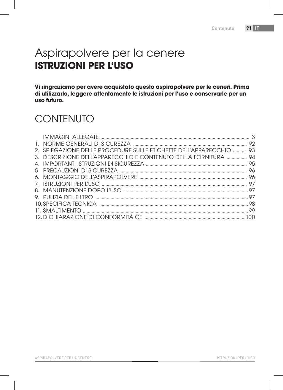 Aspirapolvere per la cenere, Contenuto, Istruzioni per l‘uso | Fieldmann FDU 2006-E User Manual | Page 91 / 148