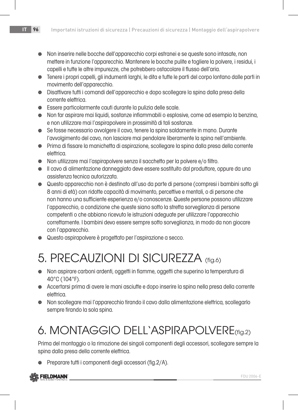 Precauzioni di sicurezza, Montaggio dell‘aspirapolvere | Fieldmann FDU 2006-E User Manual | Page 96 / 148