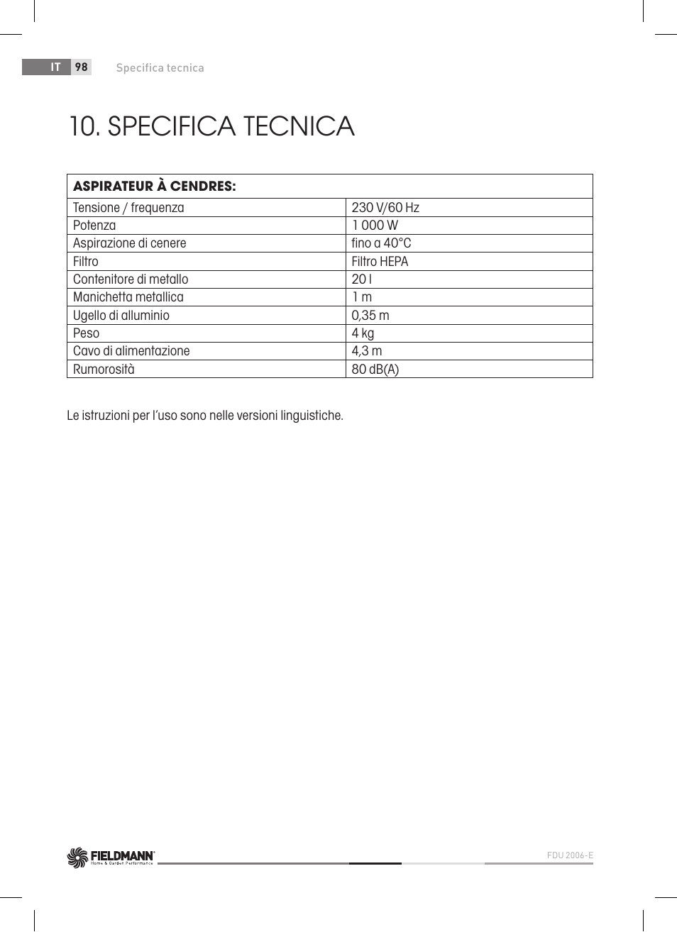 Specifica tecnica | Fieldmann FDU 2006-E User Manual | Page 98 / 148