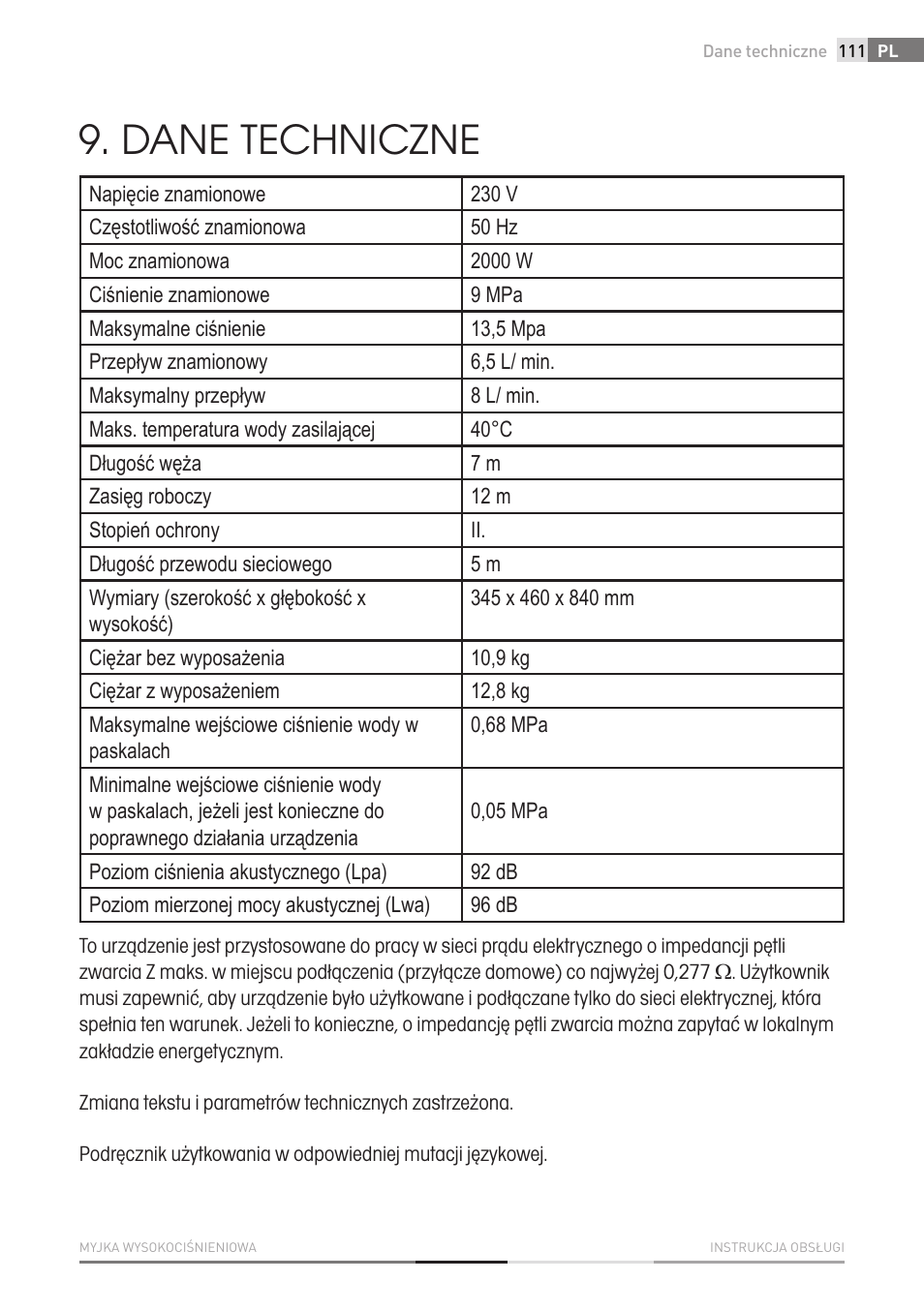 Dane techniczne | Fieldmann FDW 2003-E User Manual | Page 111 / 302