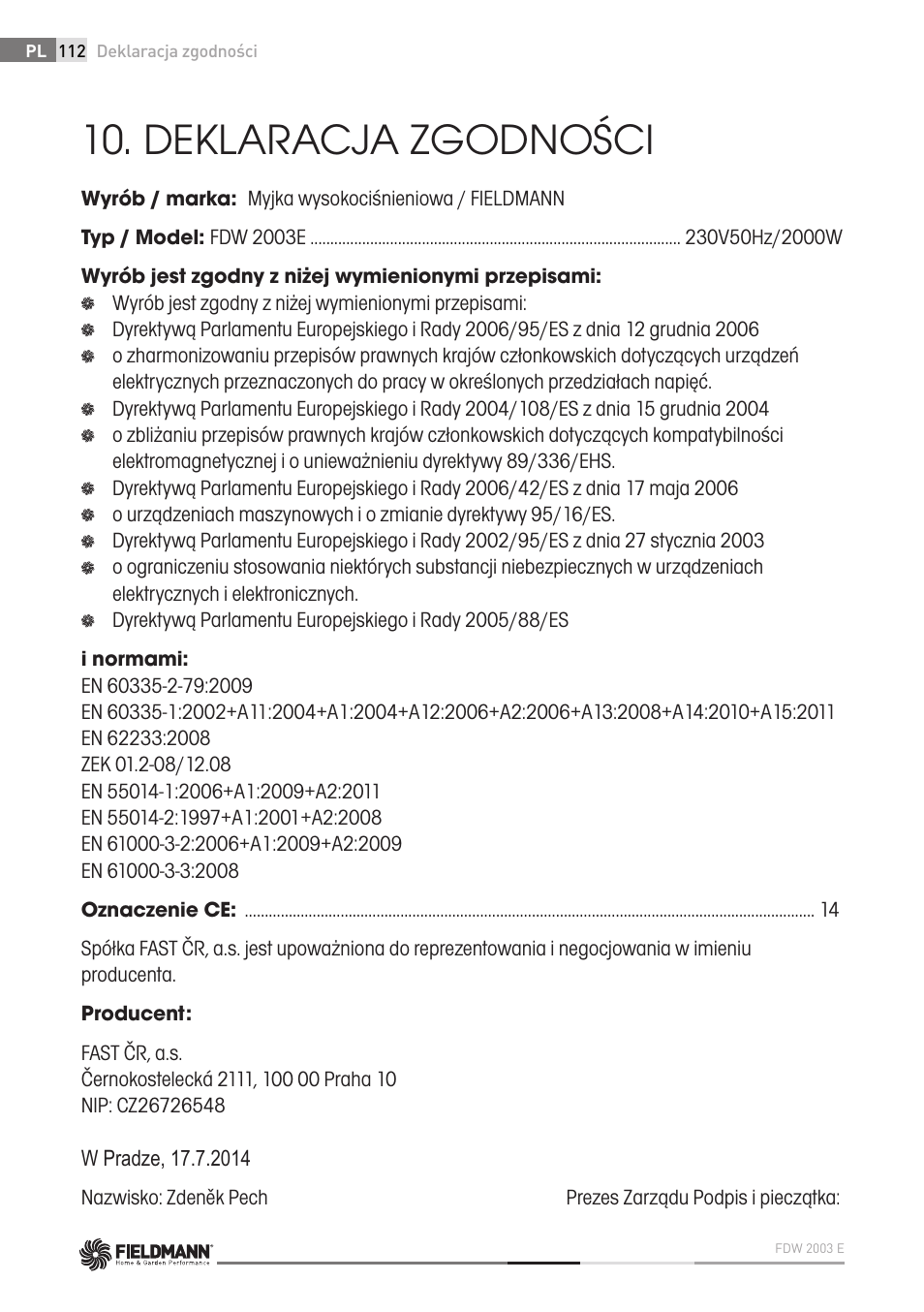 Deklaracja zgodności | Fieldmann FDW 2003-E User Manual | Page 112 / 302