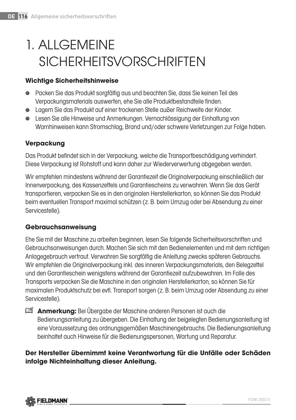 Allgemeine sicherheitsvorschriften | Fieldmann FDW 2003-E User Manual | Page 116 / 302