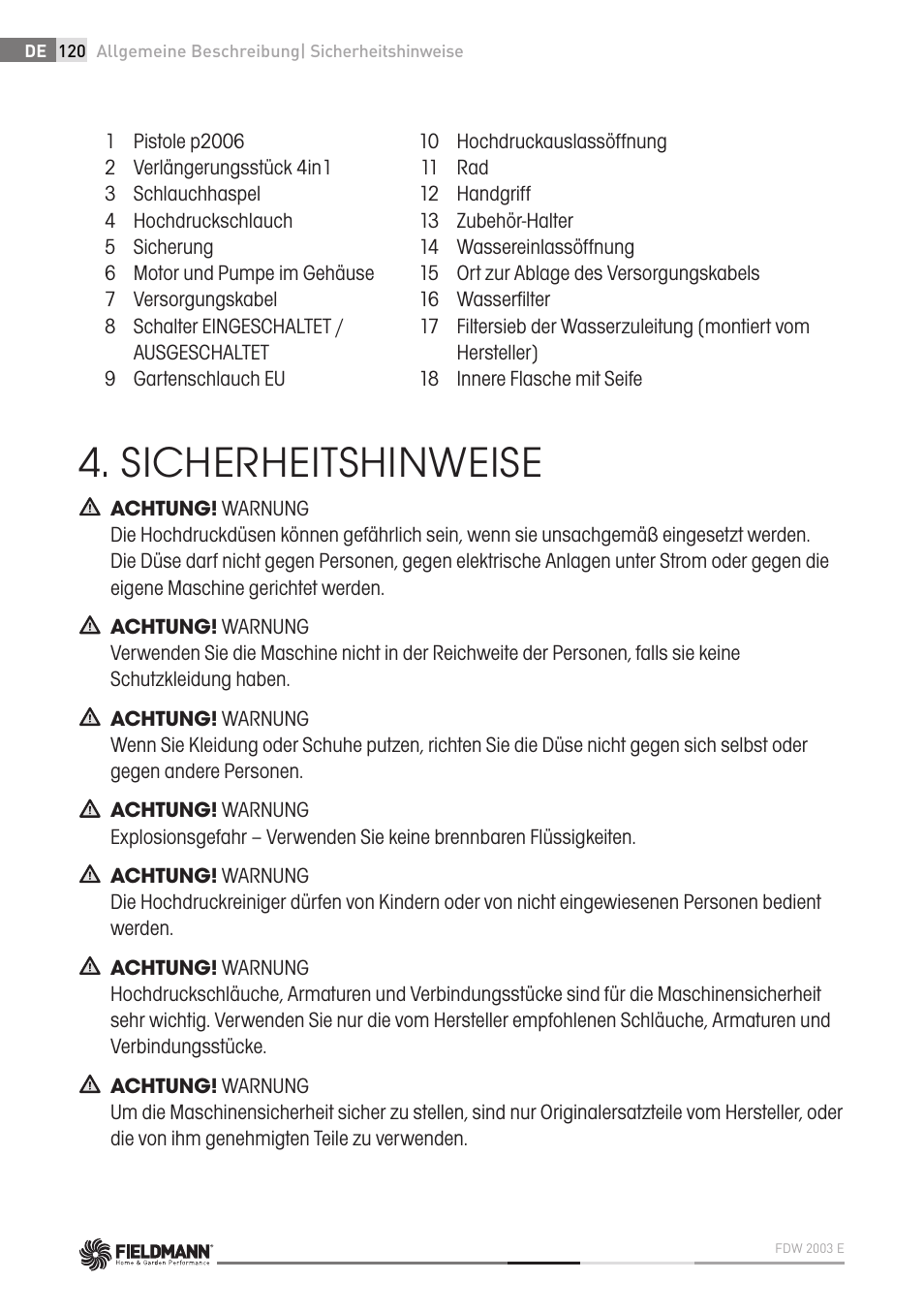 Sicherheitshinweise | Fieldmann FDW 2003-E User Manual | Page 120 / 302