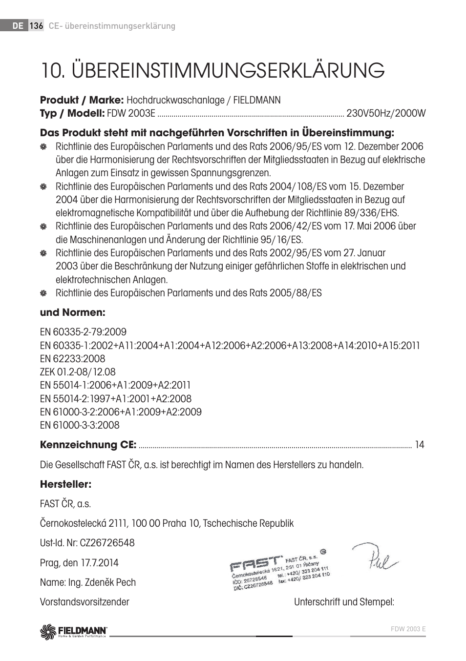 Übereinstimmungserklärung | Fieldmann FDW 2003-E User Manual | Page 136 / 302