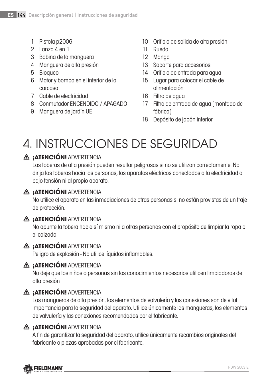 Instrucciones de seguridad | Fieldmann FDW 2003-E User Manual | Page 144 / 302
