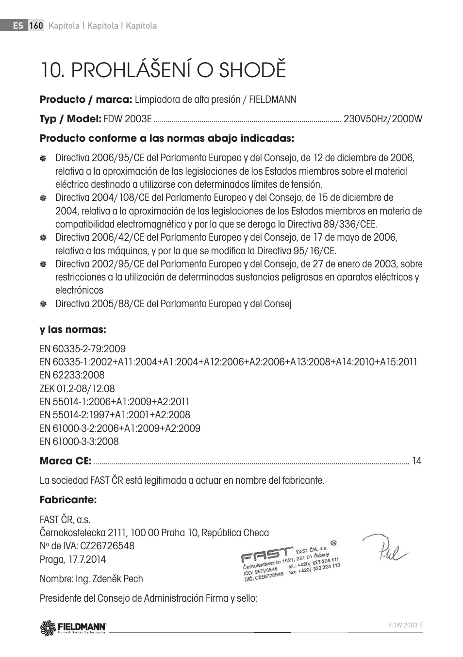 Prohlášení o shodě | Fieldmann FDW 2003-E User Manual | Page 160 / 302