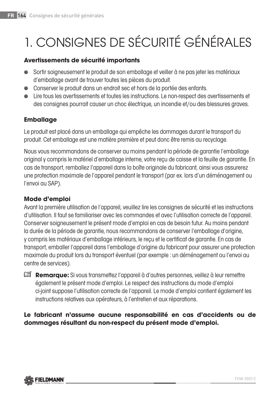Consignes de sécurité générales | Fieldmann FDW 2003-E User Manual | Page 164 / 302