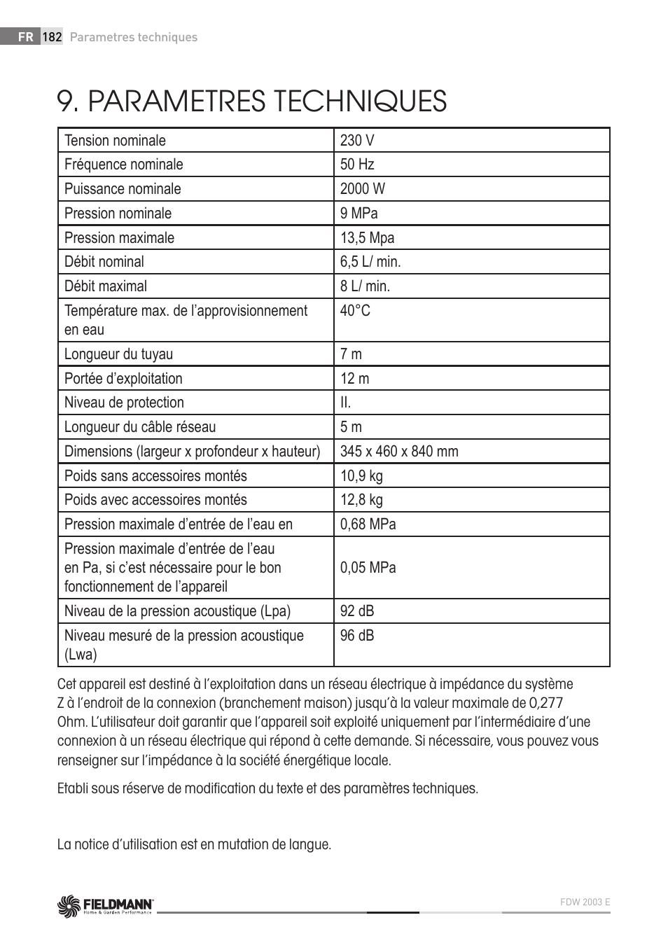 Parametres techniques | Fieldmann FDW 2003-E User Manual | Page 182 / 302