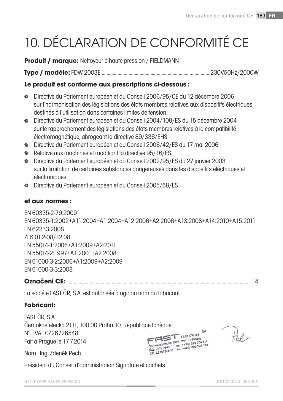 Déclaration de conformité ce | Fieldmann FDW 2003-E User Manual | Page 183 / 302