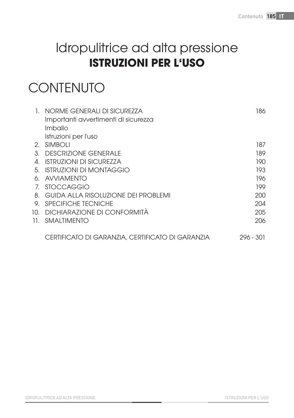 Idropulitrice ad alta pressione, Contenuto, Istruzioni per l‘uso | Fieldmann FDW 2003-E User Manual | Page 185 / 302