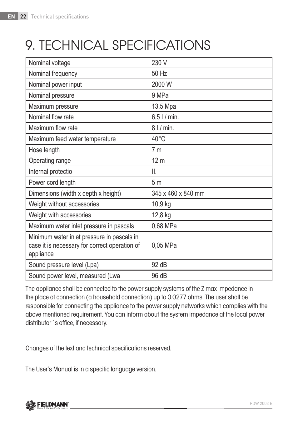 Technical specifications | Fieldmann FDW 2003-E User Manual | Page 22 / 302