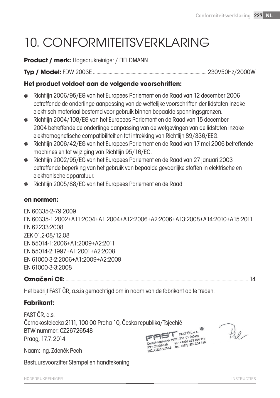 Conformiteitsverklaring | Fieldmann FDW 2003-E User Manual | Page 227 / 302