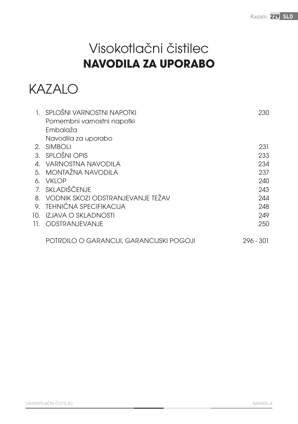 Visokotlačni čistilec, Kazalo, Navodila za uporabo | Fieldmann FDW 2003-E User Manual | Page 229 / 302