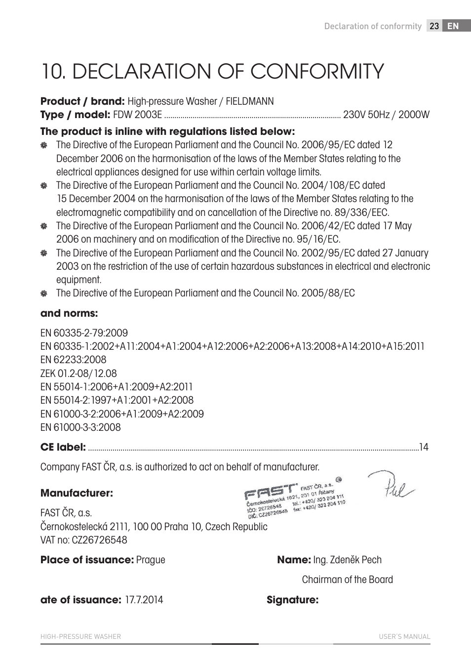 Declaration of conformity | Fieldmann FDW 2003-E User Manual | Page 23 / 302
