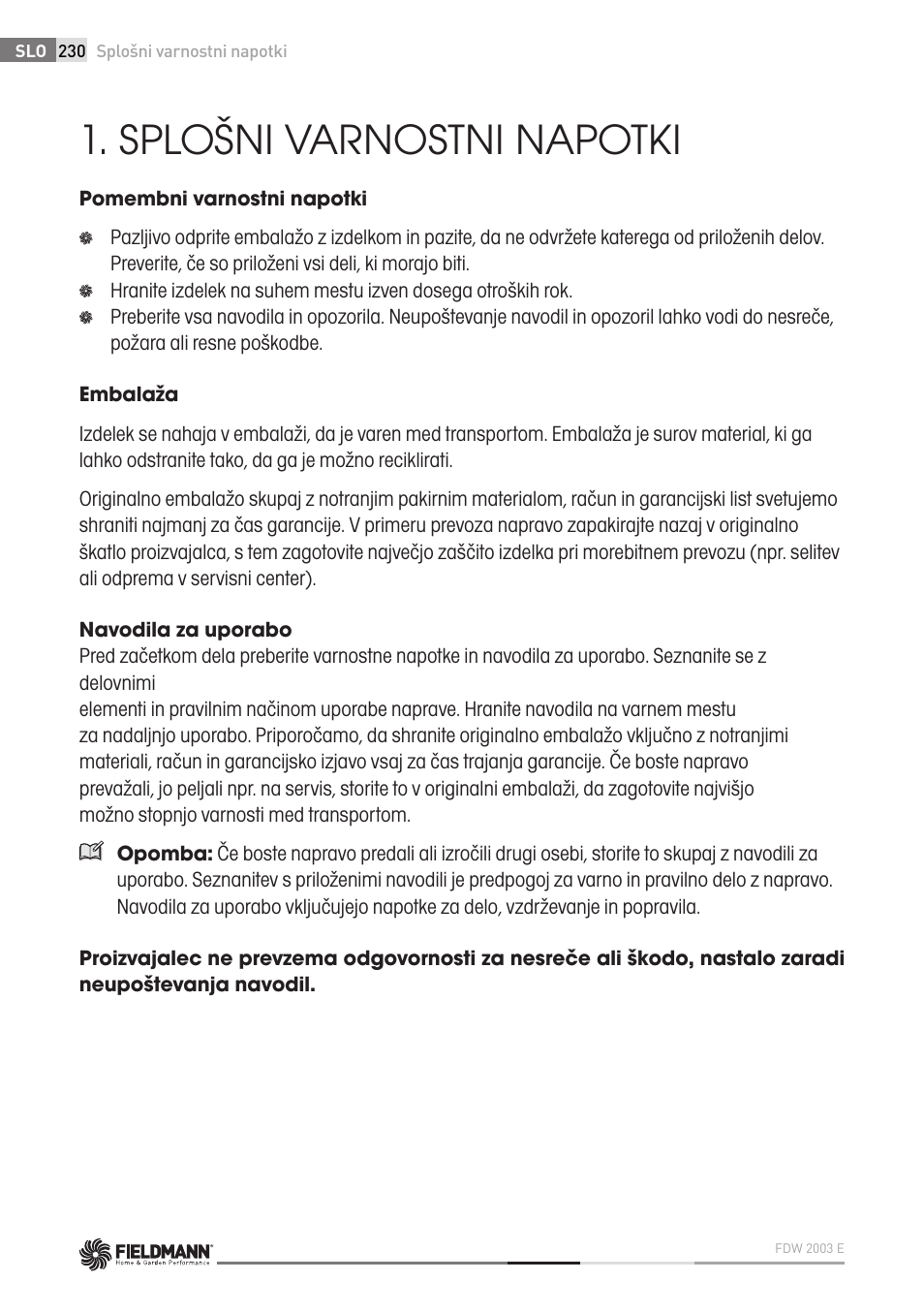 Splošni varnostni napotki | Fieldmann FDW 2003-E User Manual | Page 230 / 302