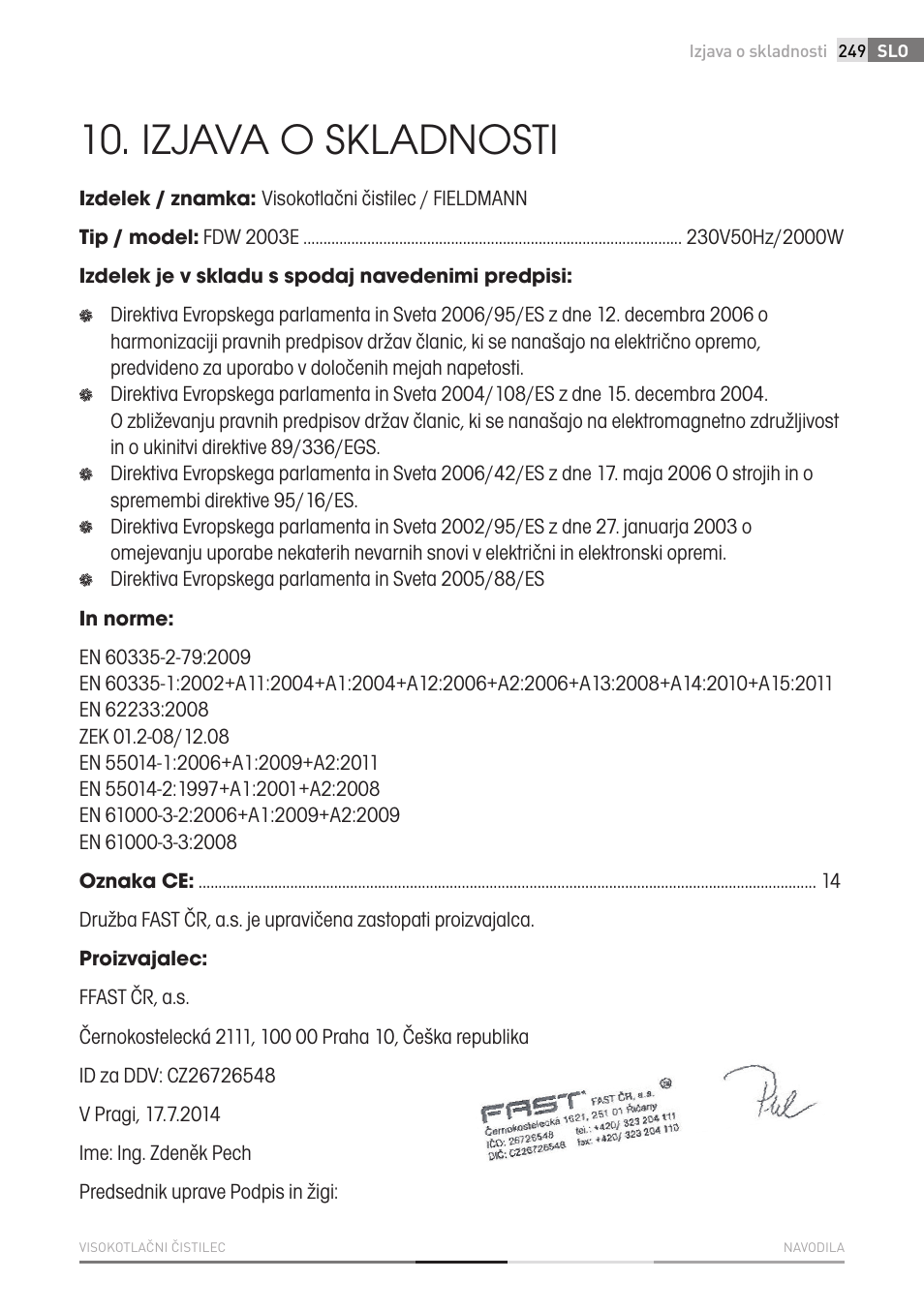 Izjava o skladnosti | Fieldmann FDW 2003-E User Manual | Page 249 / 302